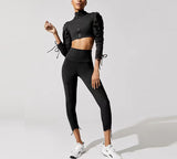 2 Piece High Waist Yoga Leggings Outfit with Sports Zip Tops for Home GYM