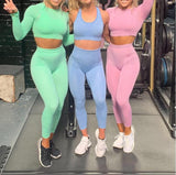 Free Sample Wholesale Seamless High Waisted Yoga Pants Ribbed Leggings And Crop Top Set 3 Pieces
