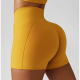 High Waisted Soft Ribbed Tummy Control Workout  Athletic Running Shorts With Pockets