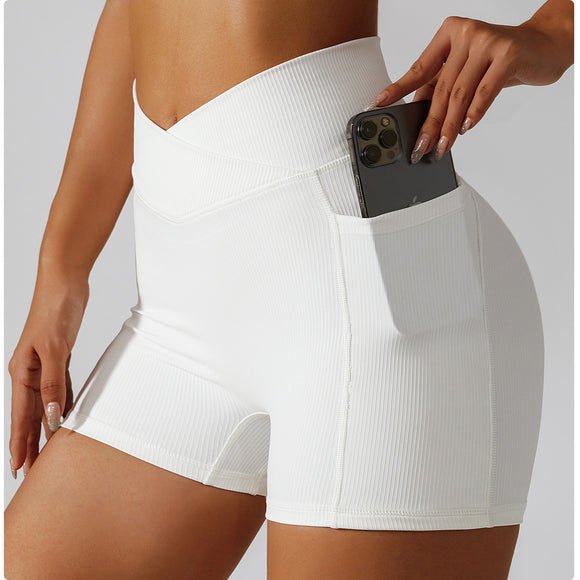High Waisted Soft Ribbed Tummy Control Workout  Athletic Running Shorts With Pockets