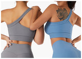  One Shoulder Ribbed Straps Athletic Yoga Bra  Sports Running Workout Top