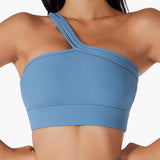  One Shoulder Ribbed Straps Athletic Yoga Bra  Sports Running Workout Top