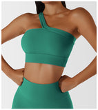  One Shoulder Ribbed Straps Athletic Yoga Bra  Sports Running Workout Top
