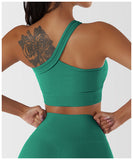  One Shoulder Ribbed Straps Athletic Yoga Bra  Sports Running Workout Top
