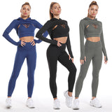 Workout Sets 3 Piece Long Sleeve Crop Tank Top + Sport Bra + Leggings