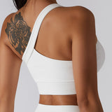  One Shoulder Ribbed Straps Athletic Yoga Bra  Sports Running Workout Top