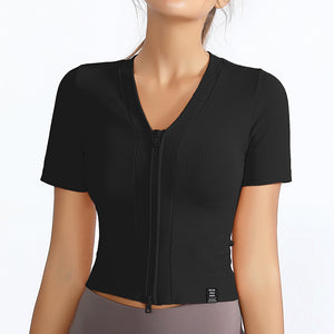 Women's Zipper Front Closure Short Sleeve Sports Tops