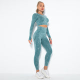  Seamless Tie Dye Workout Long Sleeve Top Scrunch Butt Lift Yoga Pants Set