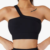  One Shoulder Ribbed Straps Athletic Yoga Bra  Sports Running Workout Top